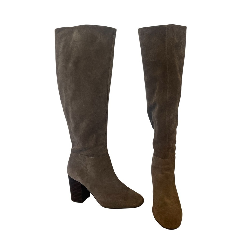 Vince Camuto Sabana Knee High Suede Grey Round Toe Boots with Stacked Heel